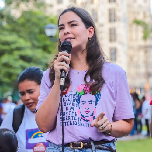 Maria Arraes destaca projeto que prevê R$ 5 bilhões para combate à violência contra a mulher durante ato no Recife